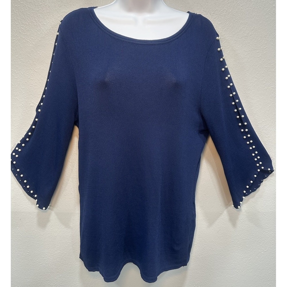 NY Collection Sweater Women's Size Large Navy Blue Ribbed V-Neck W/Pearl Decor